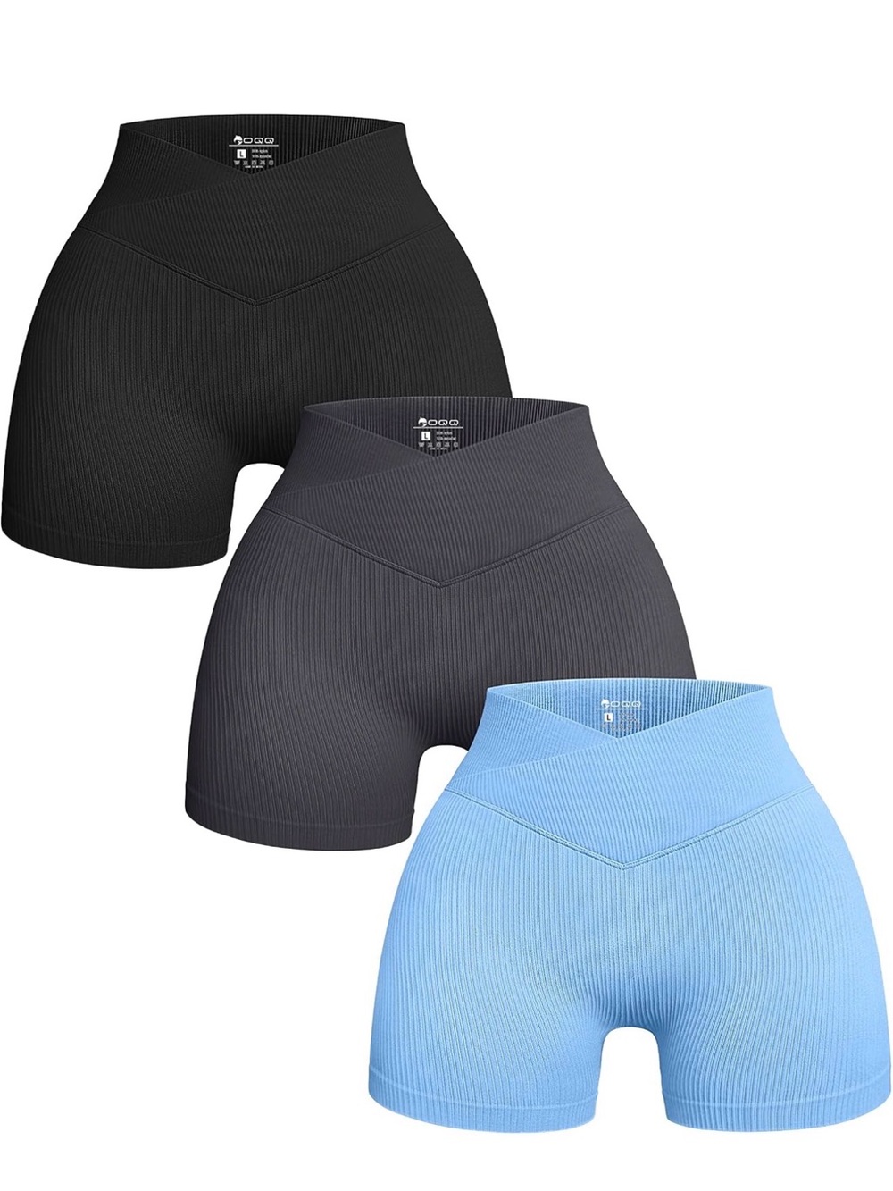 OQQ Ribbed V-Cut High-Waist Bike Shorts — Black, Charcoal & Light Blue